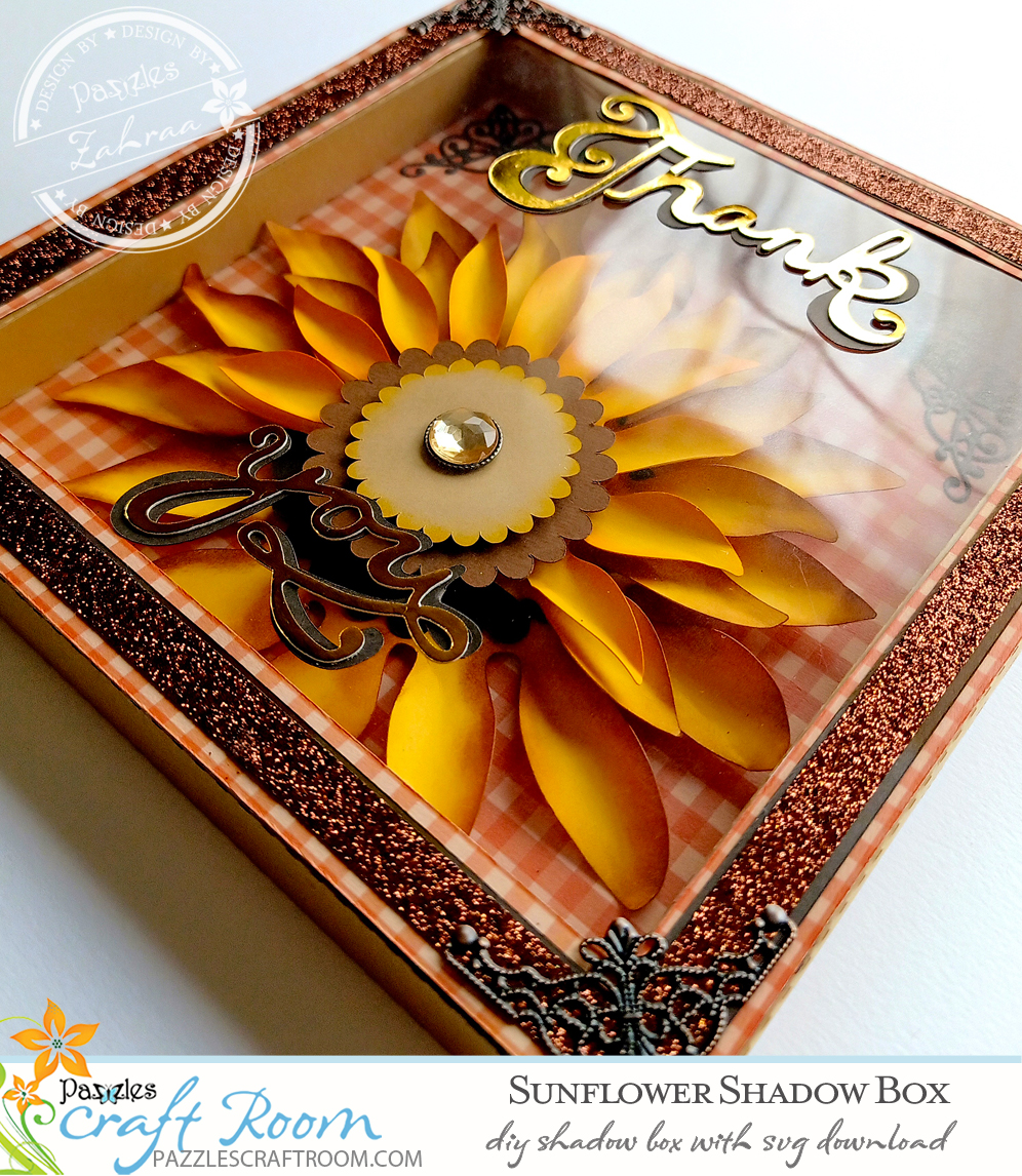 Pazzles DIY Sunflower Shadow Box with instant SVG download. Compatible with all major electronic cutters including Pazzles Inspiration, Cricut, and Silhouette Cameo. Design by Zahraa Darweesh.