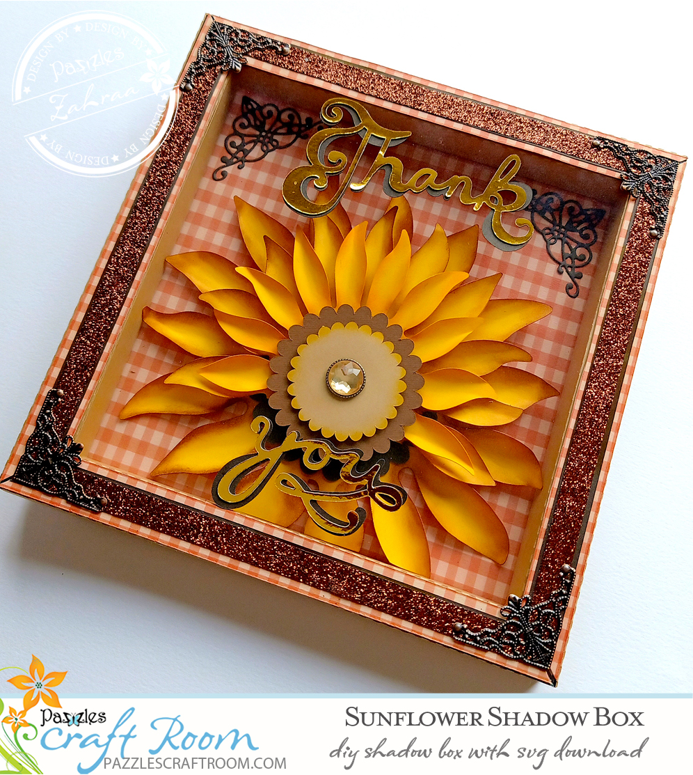 Pazzles DIY Sunflower Shadow Box with instant SVG download. Compatible with all major electronic cutters including Pazzles Inspiration, Cricut, and Silhouette Cameo. Design by Zahraa Darweesh.