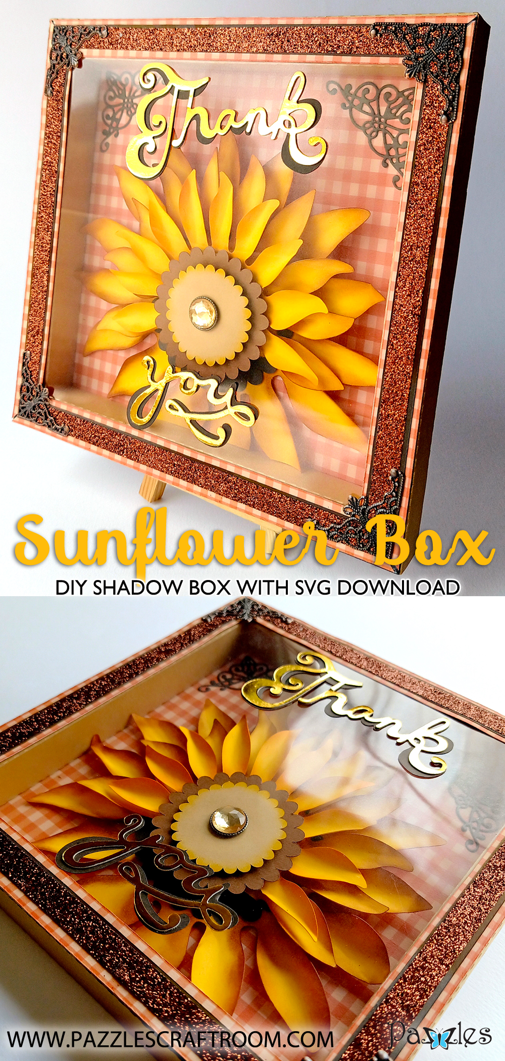 Pazzles DIY Sunflower Shadow Box with instant SVG download. Compatible with all major electronic cutters including Pazzles Inspiration, Cricut, and Silhouette Cameo. Design by Zahraa Darweesh.