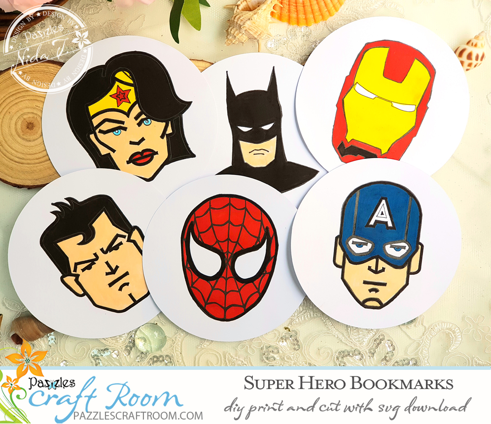 Pazzles DIY Super Hero Bookmarks with print and cut option. Instant download SVG compatible with all major electronic cutters including Pazzles Inspiration, Cricut, and Silhouette Cameo. Design by Nida Tanweer.