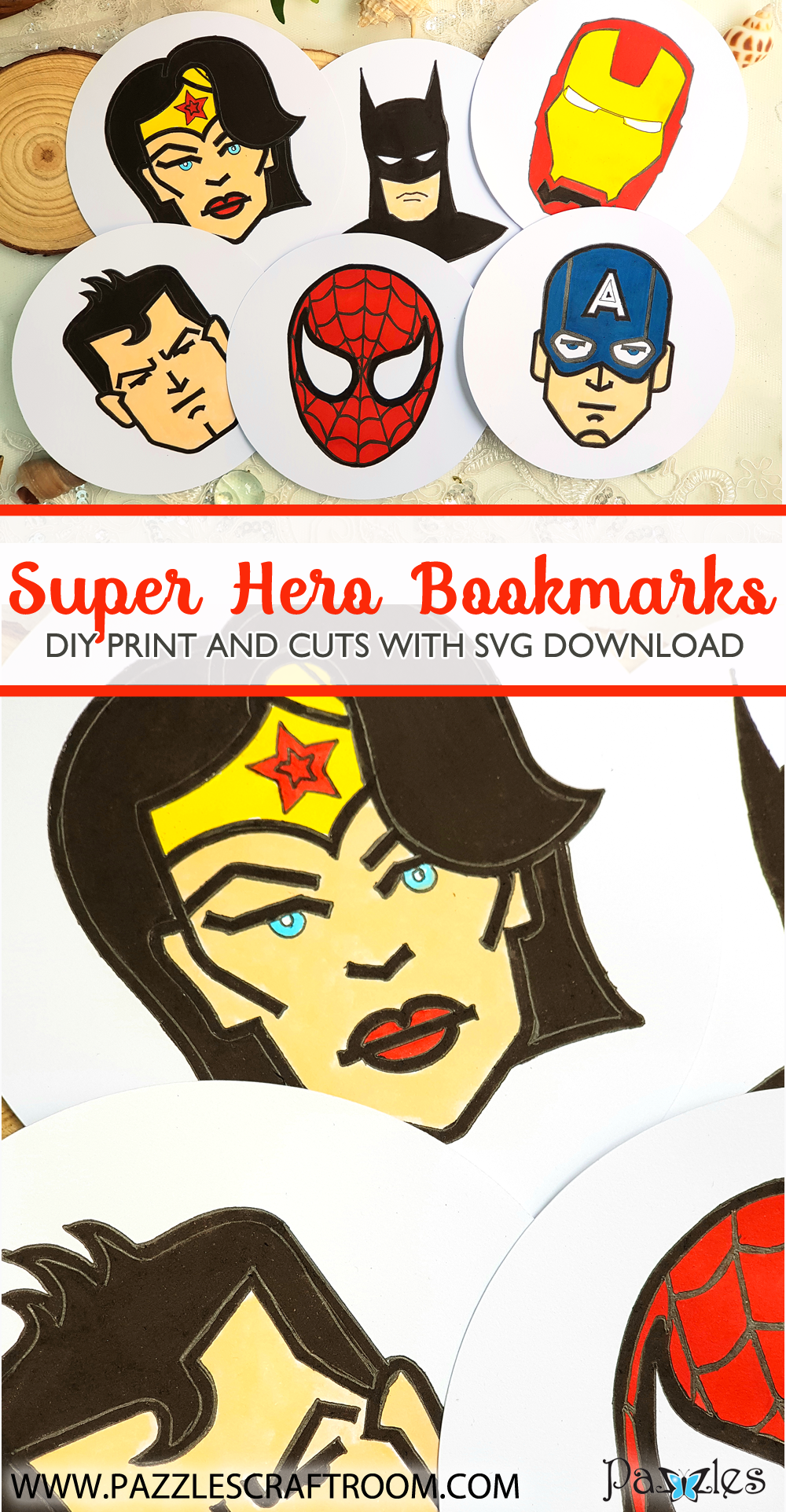 Pazzles DIY Super Hero Bookmarks with print and cut option. Instant download SVG compatible with all major electronic cutters including Pazzles Inspiration, Cricut, and Silhouette Cameo. Design by Nida Tanweer.