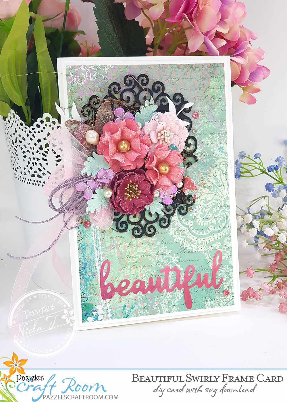 Pazzles DIY Swirly Frame Card. Instant SVG download compatible with all major electronic cutters including Pazzles Inspiration, Cricut, and Silhouette Cameo. Design by Nida Tanweer.