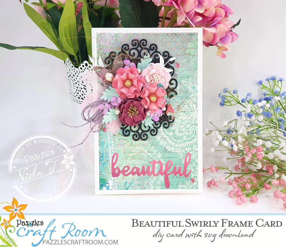 Pazzles DIY Swirly Frame Card. Instant SVG download compatible with all major electronic cutters including Pazzles Inspiration, Cricut, and Silhouette Cameo. Design by Nida Tanweer.