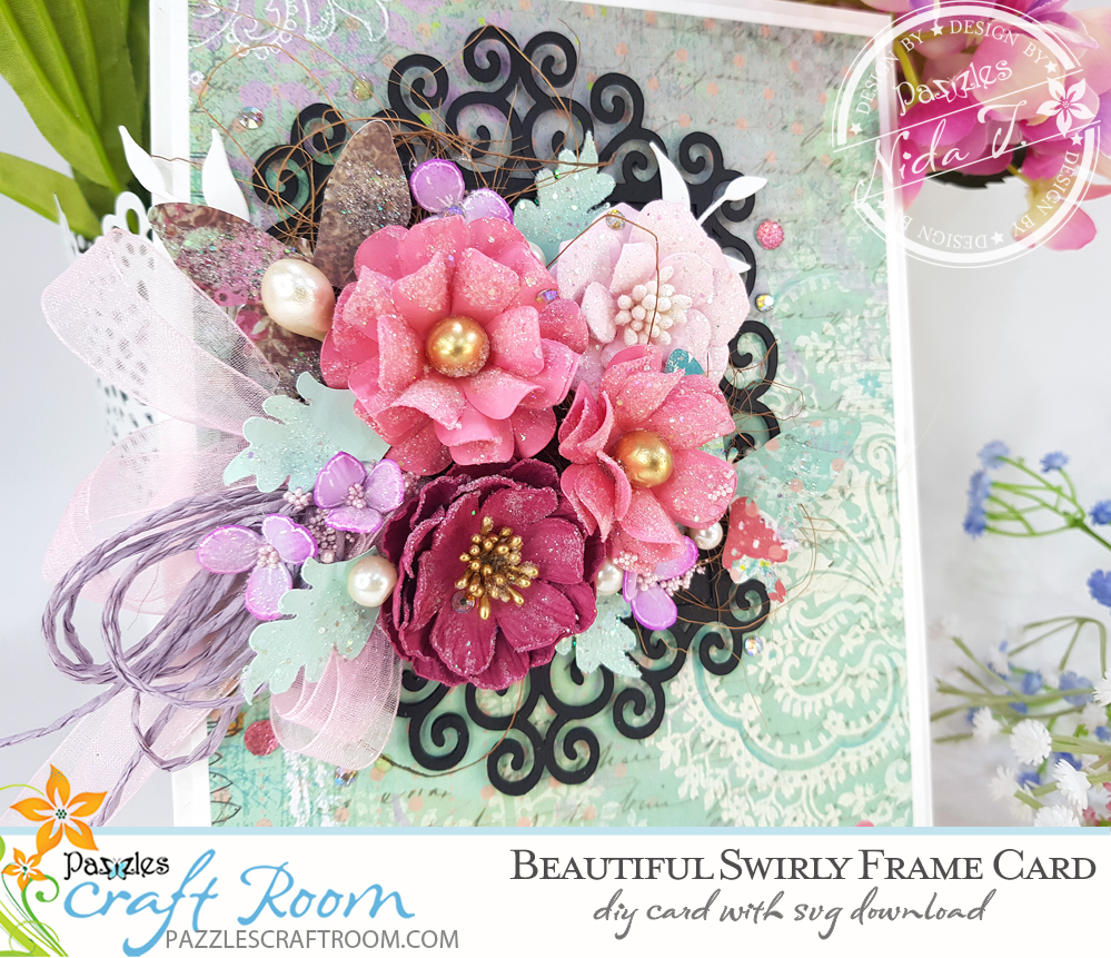 Pazzles DIY Swirly Frame Card. Instant SVG download compatible with all major electronic cutters including Pazzles Inspiration, Cricut, and Silhouette Cameo. Design by Nida Tanweer.