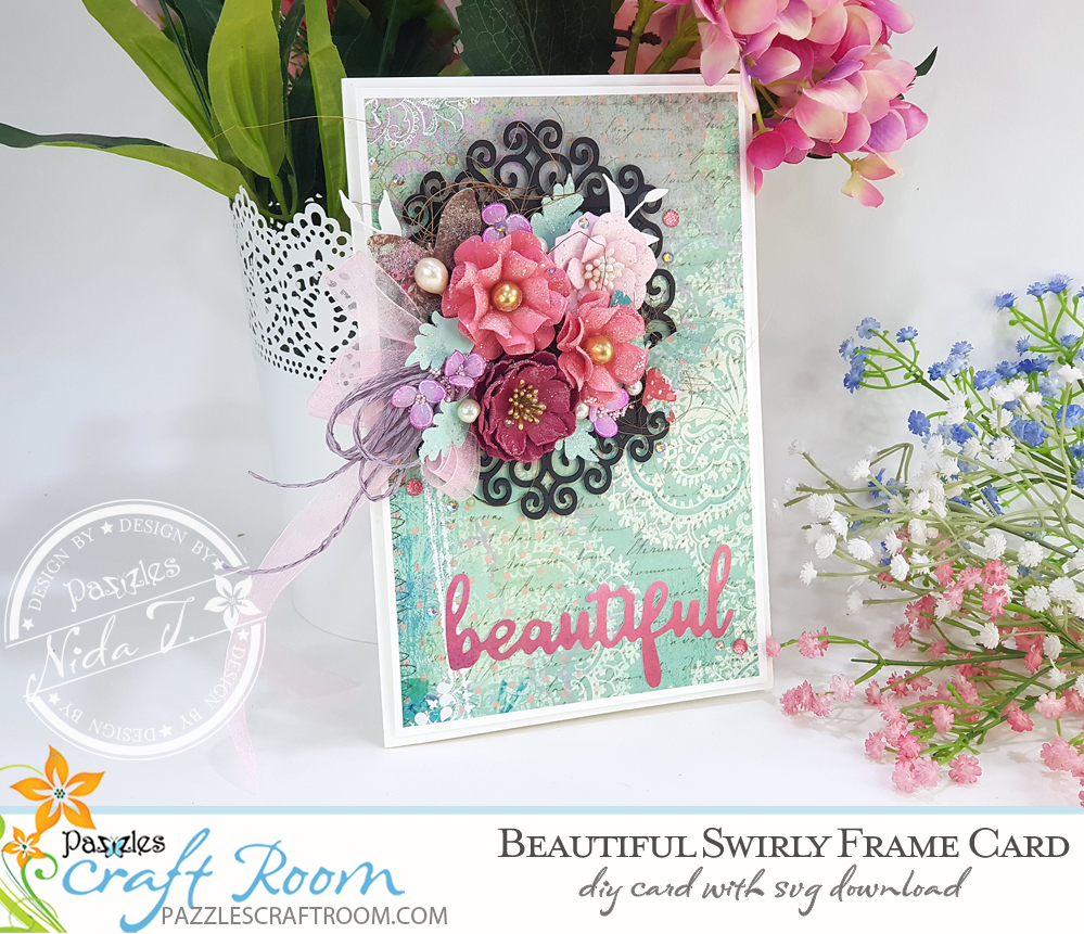 Pazzles DIY Swirly Frame Card. Instant SVG download compatible with all major electronic cutters including Pazzles Inspiration, Cricut, and Silhouette Cameo. Design by Nida Tanweer.