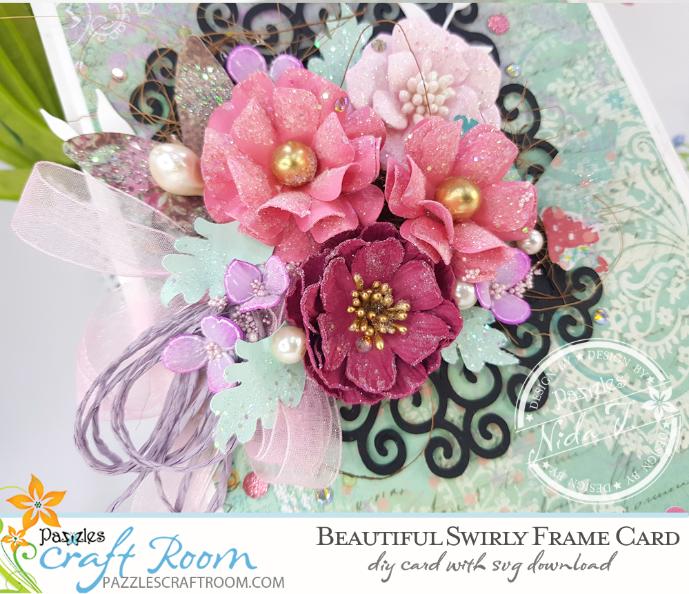 Pazzles DIY Swirly Frame Card. Instant SVG download compatible with all major electronic cutters including Pazzles Inspiration, Cricut, and Silhouette Cameo. Design by Nida Tanweer.