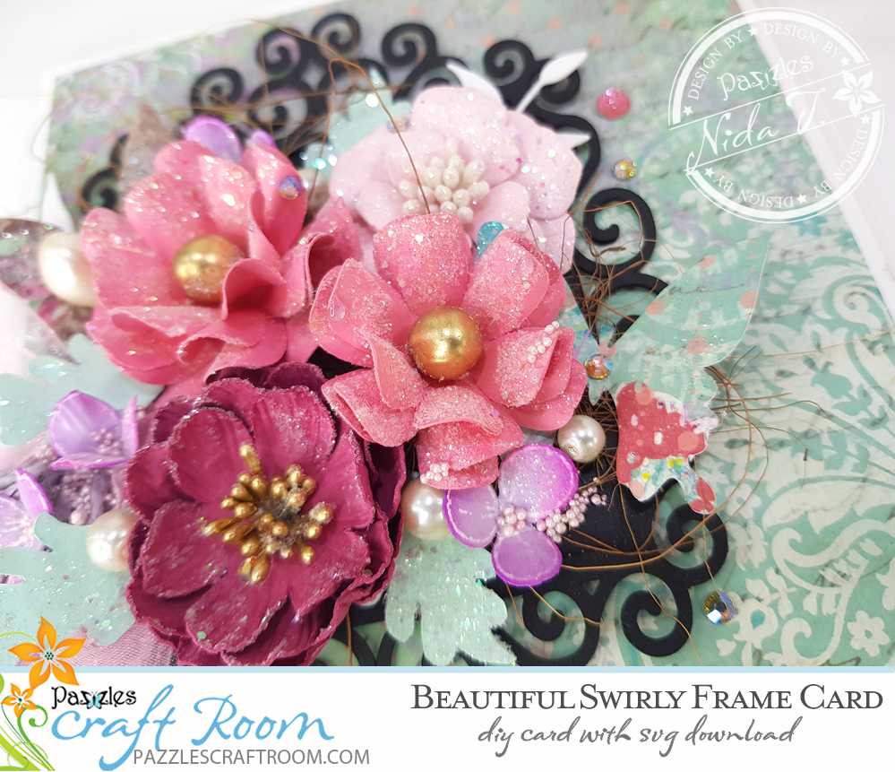 Pazzles DIY Swirly Frame Card. Instant SVG download compatible with all major electronic cutters including Pazzles Inspiration, Cricut, and Silhouette Cameo. Design by Nida Tanweer.