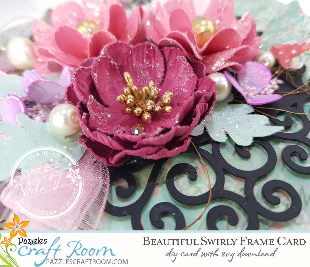 Pazzles DIY Swirly Frame Card. Instant SVG download compatible with all major electronic cutters including Pazzles Inspiration, Cricut, and Silhouette Cameo. Design by Nida Tanweer.