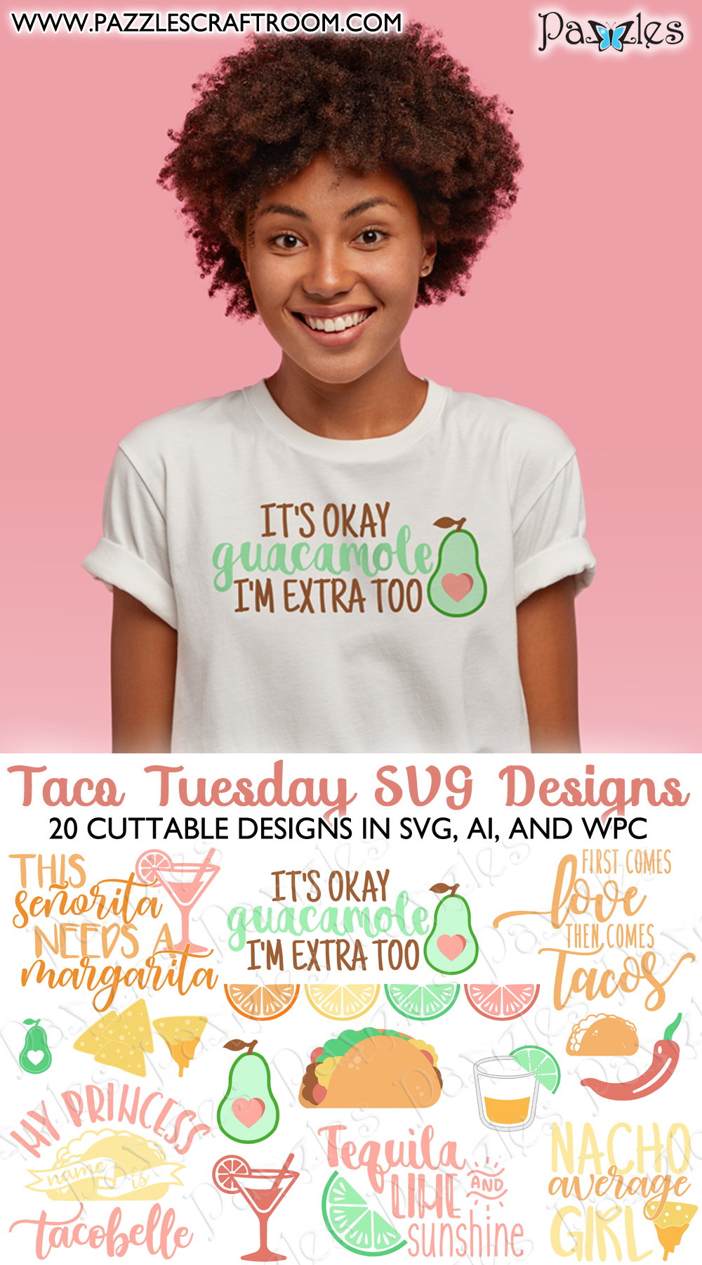 Pazzles DIY Taco Tuesday Collection with 20 cuttable files in SVG, AI, and WPC. Instant SVG download compatible with all major electronic cutters including Pazzles Inspiration, Cricut, and Silhouette Cameo. Design by Amanda Vander Woude.