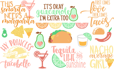 Pazzles DIY Taco Tuesday Collection with 20 cuttable files in SVG, AI, and WPC. Instant SVG download compatible with all major electronic cutters including Pazzles Inspiration, Cricut, and Silhouette Cameo. Design by Amanda Vander Woude.