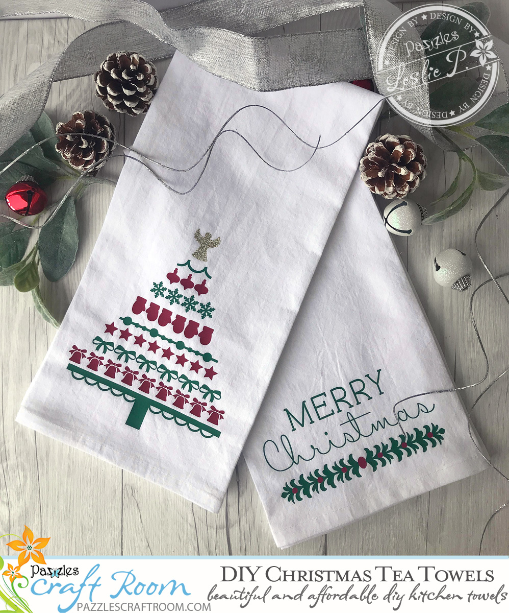 Pazzles DIY Christmas Tea Towels with SVG instant download. Compatible with all major electronic cutters including Pazzles Inspiration, Cricut, and Silhouette Cameo.