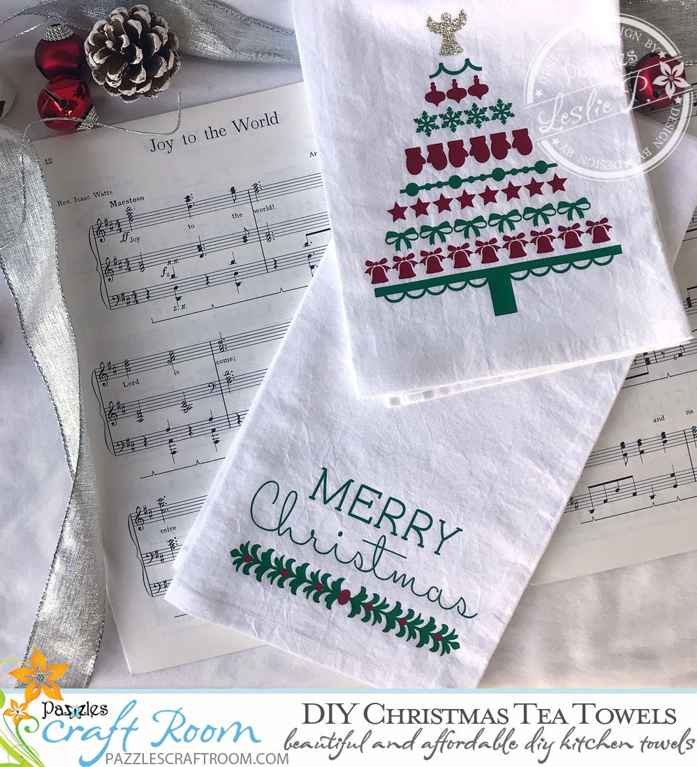 Pazzles DIY Christmas Tea Towels with SVG instant download. Compatible with all major electronic cutters including Pazzles Inspiration, Cricut, and Silhouette Cameo.