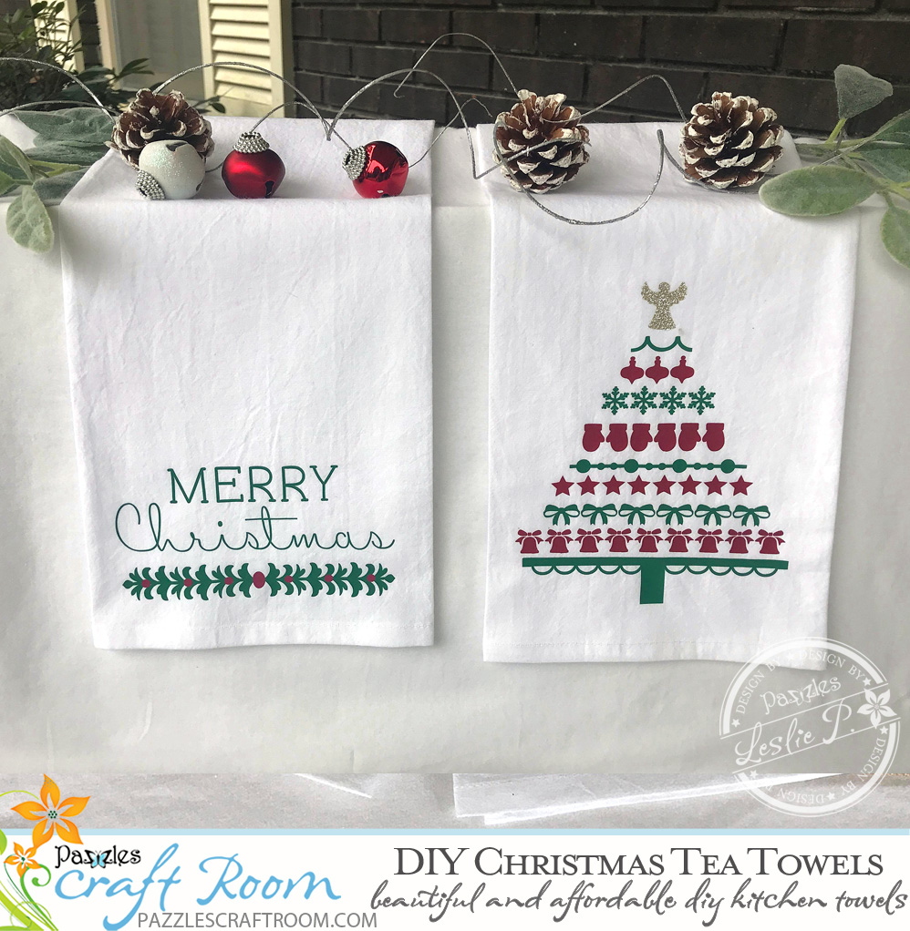 Pazzles DIY Christmas Tea Towels with SVG instant download. Compatible with all major electronic cutters including Pazzles Inspiration, Cricut, and Silhouette Cameo.