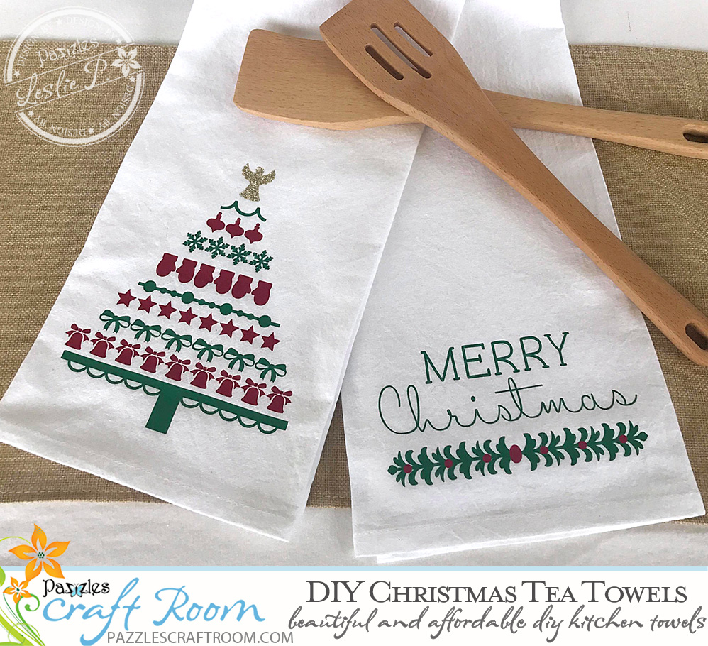 Pazzles DIY Christmas Tea Towels with SVG instant download. Compatible with all major electronic cutters including Pazzles Inspiration, Cricut, and Silhouette Cameo.