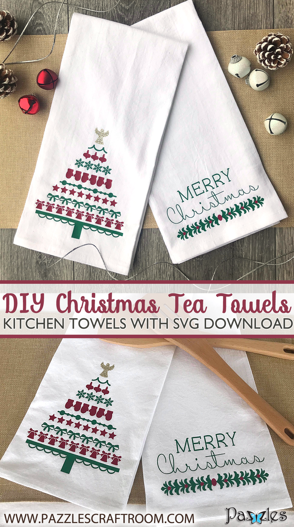 Pazzles DIY Christmas Tea Towels with SVG instant download. Compatible with all major electronic cutters including Pazzles Inspiration, Cricut, and Silhouette Cameo.