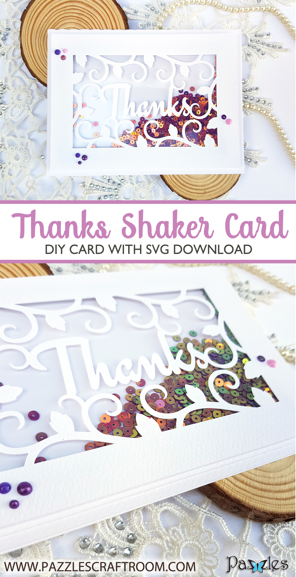 Pazzles DIY Thanks Frame Shaker Card with instant SVG download. Compatible with all major electronic cutters including Pazzles Inspiration, Cricut, and Silhouette Cameo. Design by Nida Tanweer.