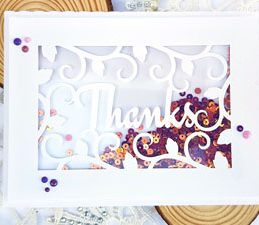 Pazzles DIY Thanks Frame Shaker Card with instant SVG download. Compatible with all major electronic cutters including Pazzles Inspiration, Cricut, and Silhouette Cameo. Design by Nida Tanweer.