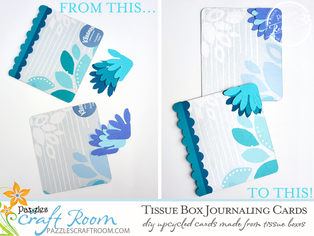 Pazzles DIY Tissue Box Journaling Cards. Instant SVG download compatible with all major electronic cutters including Pazzles Inspiration, Cricut, and Silhouette Cameo. Design by Renee Smart.