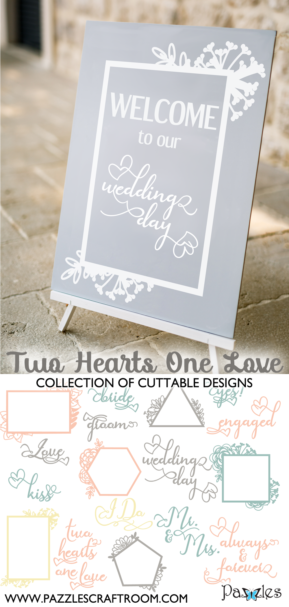 Pazzles DIY Two Hearts One Love Collection 16 cuttable files in SVG, AI, and WPC. Instant SVG download compatible with all major electronic cutters including Pazzles Inspiration, Cricut, and Silhouette Cameo. Design by Amanda Vander Woude.