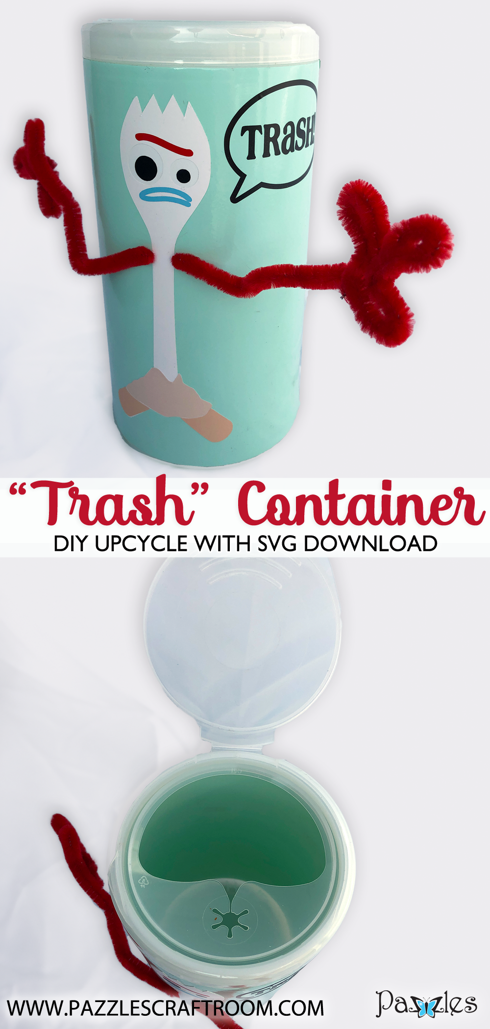 Pazzles DIY Upcycled Trash Container with instant SVG download. Compatible with all major electronic cutters including Pazzles Inspiration, Cricut, and Silhouette Cameo. Design by Alma Cervantes.