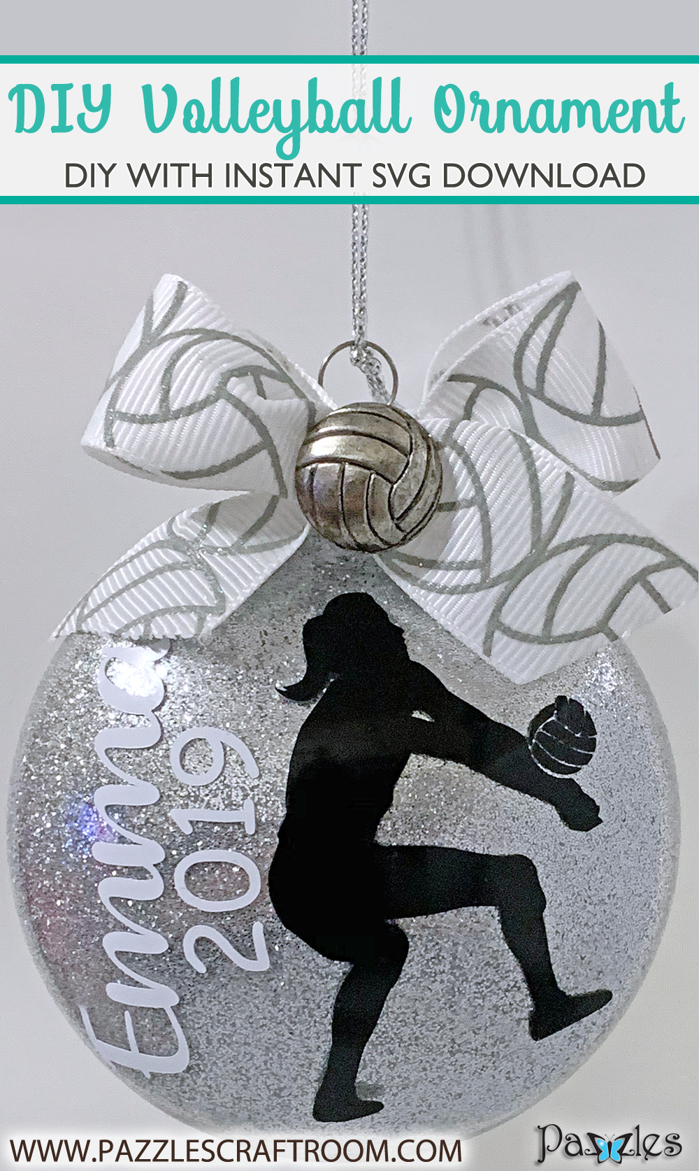 Pazzles Vinyl DIY Custom Volleyball Ornament with instant SVG download. Compatible with all major electronic cutters including Pazzles Inspiration, Cricut, and Silhouette Cameo. Design by Leslie Reyna.