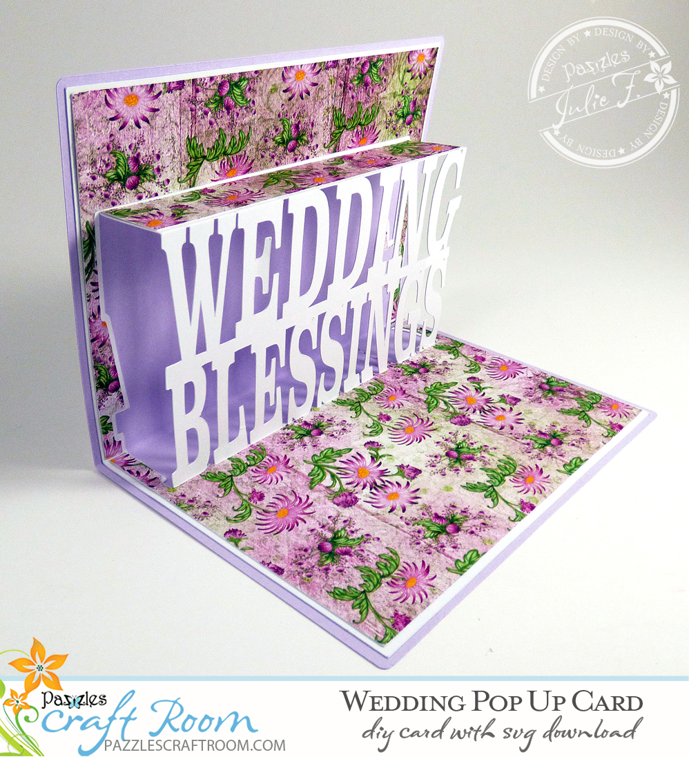 Pazzles DIY Wedding Pop Up Card with SVG download. Instant download SVG compatible with all major electronic cutters including Pazzles Inspiration, Cricut, Silhouette Cameo. Design by Julie Flanagan.