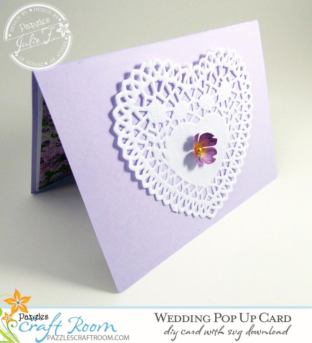 Pazzles DIY Wedding Pop Up Card with SVG download. Instant download SVG compatible with all major electronic cutters including Pazzles Inspiration, Cricut, Silhouette Cameo. Design by Julie Flanagan.