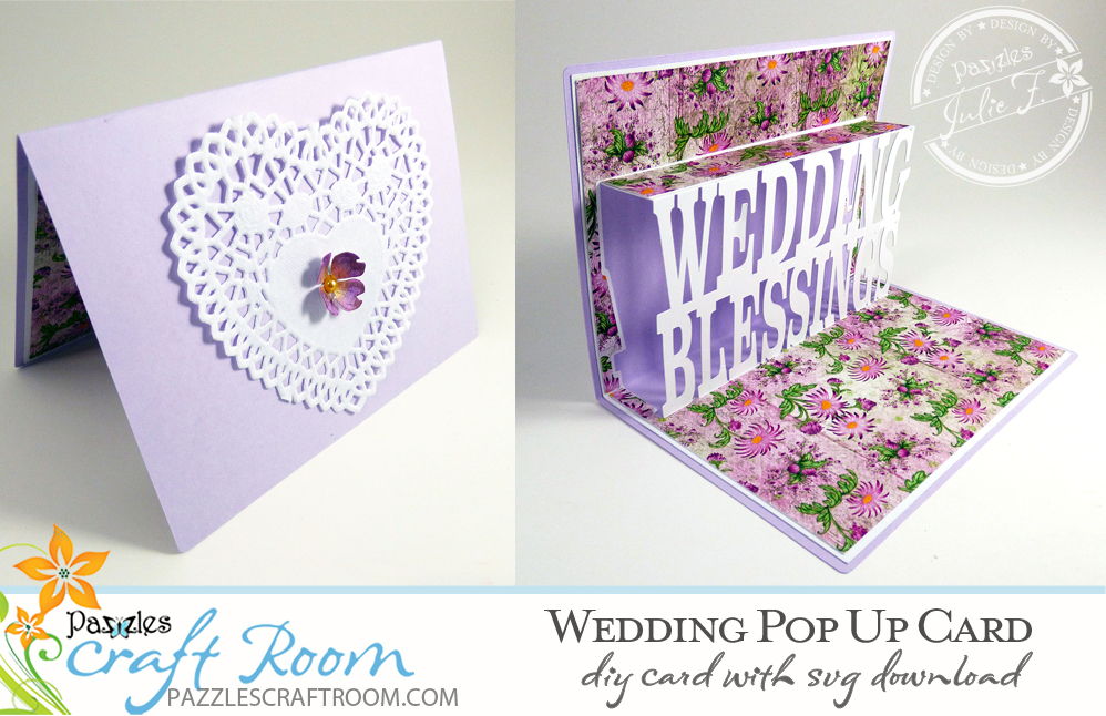 Pazzles DIY Wedding Pop Up Card with SVG download. Instant download SVG compatible with all major electronic cutters including Pazzles Inspiration, Cricut, Silhouette Cameo. Design by Julie Flanagan.