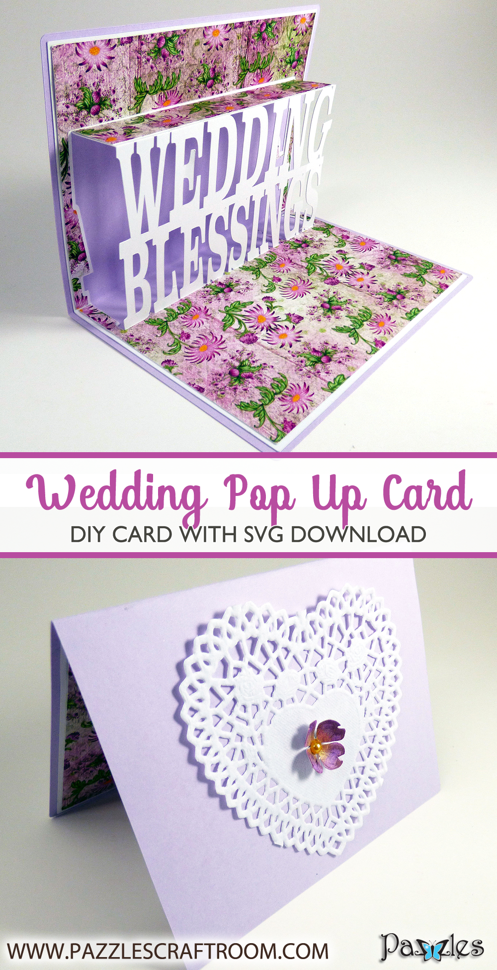 Pazzles DIY Wedding Pop Up Card with SVG download. Instant download SVG compatible with all major electronic cutters including Pazzles Inspiration, Cricut, Silhouette Cameo. Design by Julie Flanagan.