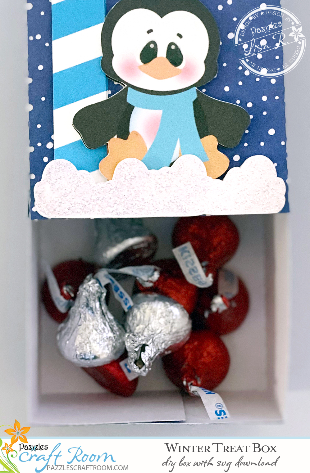 Pazzles DIY Winter Treat Box with instant SVG download. Compatible with all major electronic cutters including Pazzles Inspiration, Cricut, and Silhouette Cameo. Design by Lisa Reyna.