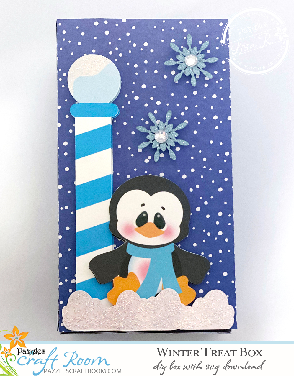 Pazzles DIY Winter Treat Box with instant SVG download. Compatible with all major electronic cutters including Pazzles Inspiration, Cricut, and Silhouette Cameo. Design by Lisa Reyna.