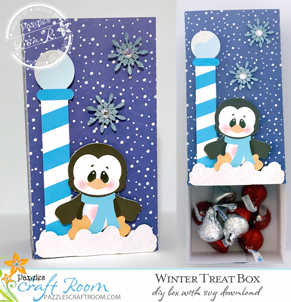 Pazzles DIY Winter Treat Box with instant SVG download. Compatible with all major electronic cutters including Pazzles Inspiration, Cricut, and Silhouette Cameo. Design by Lisa Reyna.