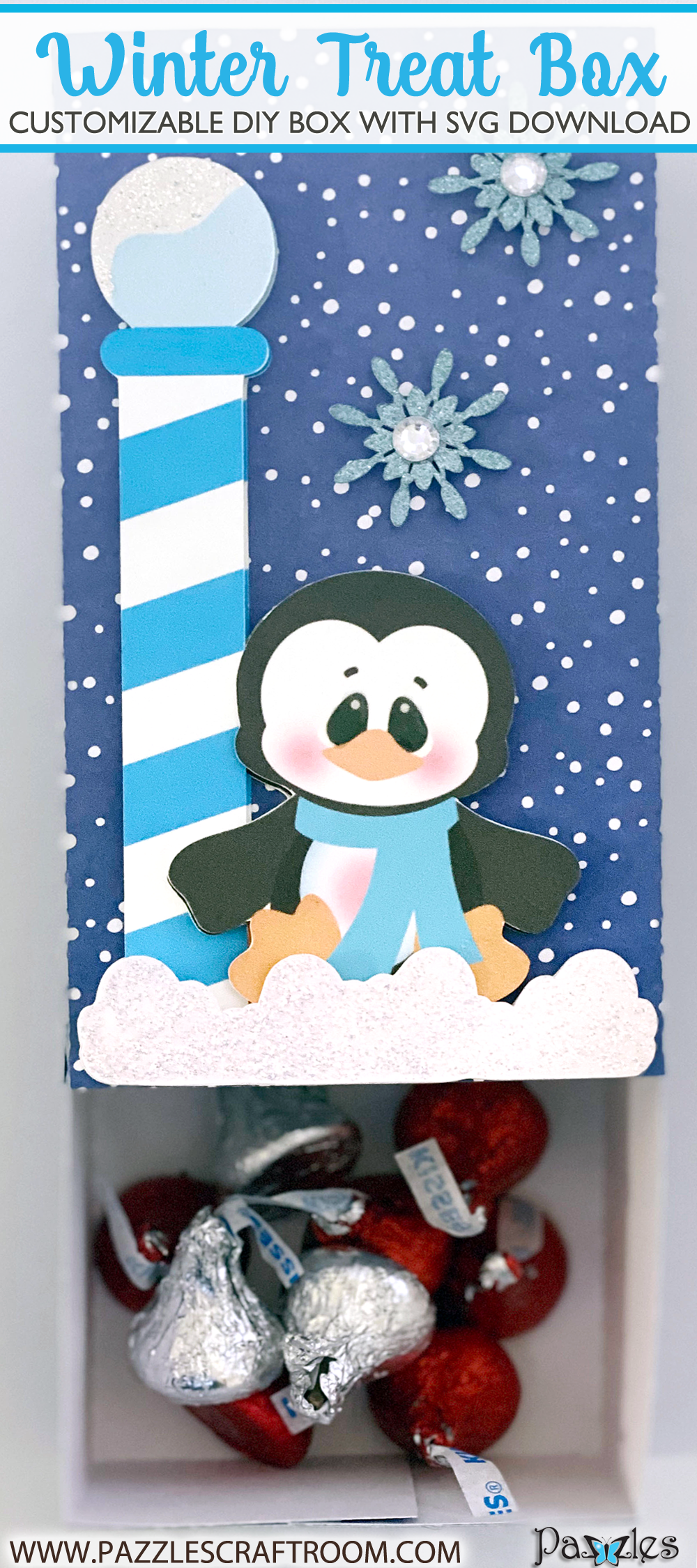 Pazzles DIY Winter Treat Box with instant SVG download. Compatible with all major electronic cutters including Pazzles Inspiration, Cricut, and Silhouette Cameo. Design by Lisa Reyna.