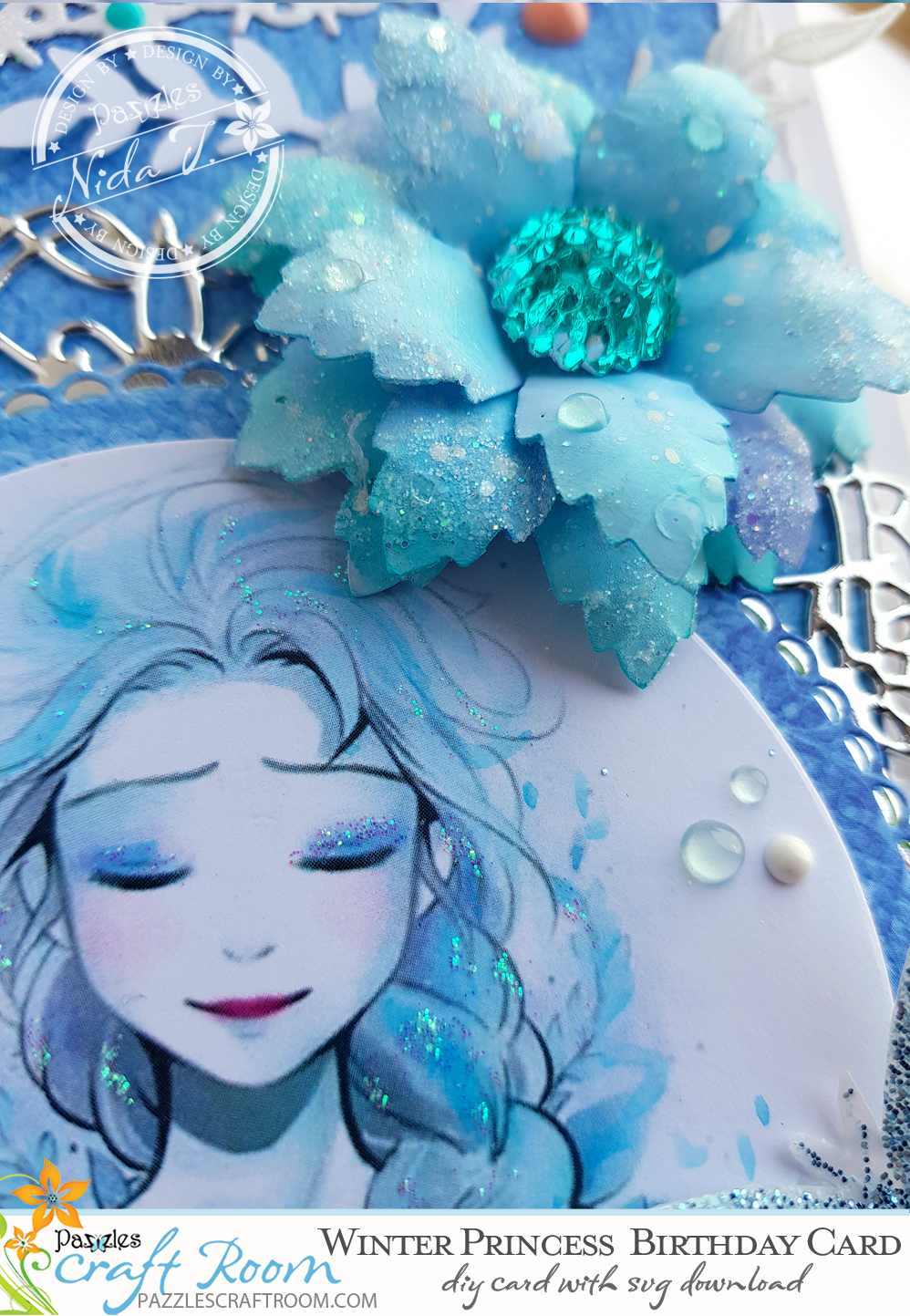 Pazzles DIY Winter Princess Birthday Card with instant SVG download. Compatible with all major electronic cutters including Pazzles Inspiration, Cricut, and Silhouette Cameo. Design by Nida Tanweer.