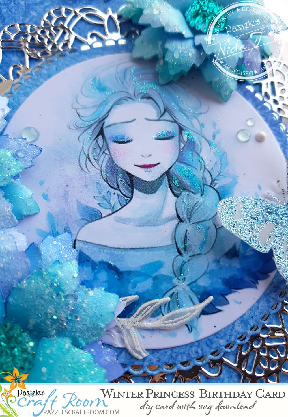 Pazzles DIY Winter Princess Birthday Card with instant SVG download. Compatible with all major electronic cutters including Pazzles Inspiration, Cricut, and Silhouette Cameo. Design by Nida Tanweer.