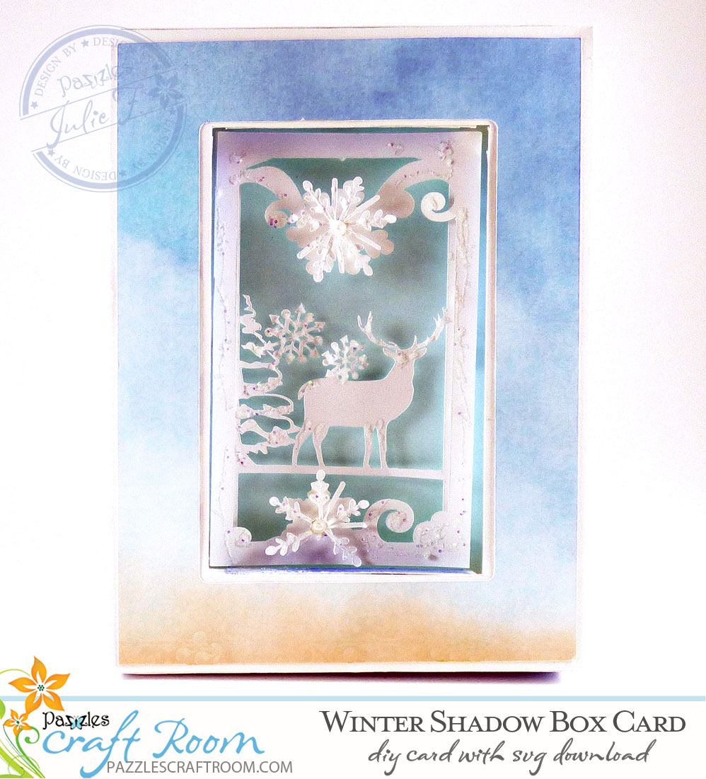 Pazzles DIY Winter Shadow Box Card or Frame with instant SVG download. Compatible with all major electronic cutters including Pazzles Inspiration, Cricut, and Silhouette Cameo. Design by Julie Flanagan.