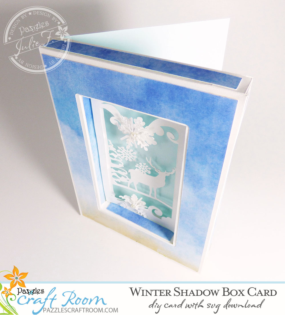 Pazzles DIY Winter Shadow Box Card or Frame with instant SVG download. Compatible with all major electronic cutters including Pazzles Inspiration, Cricut, and Silhouette Cameo. Design by Julie Flanagan.