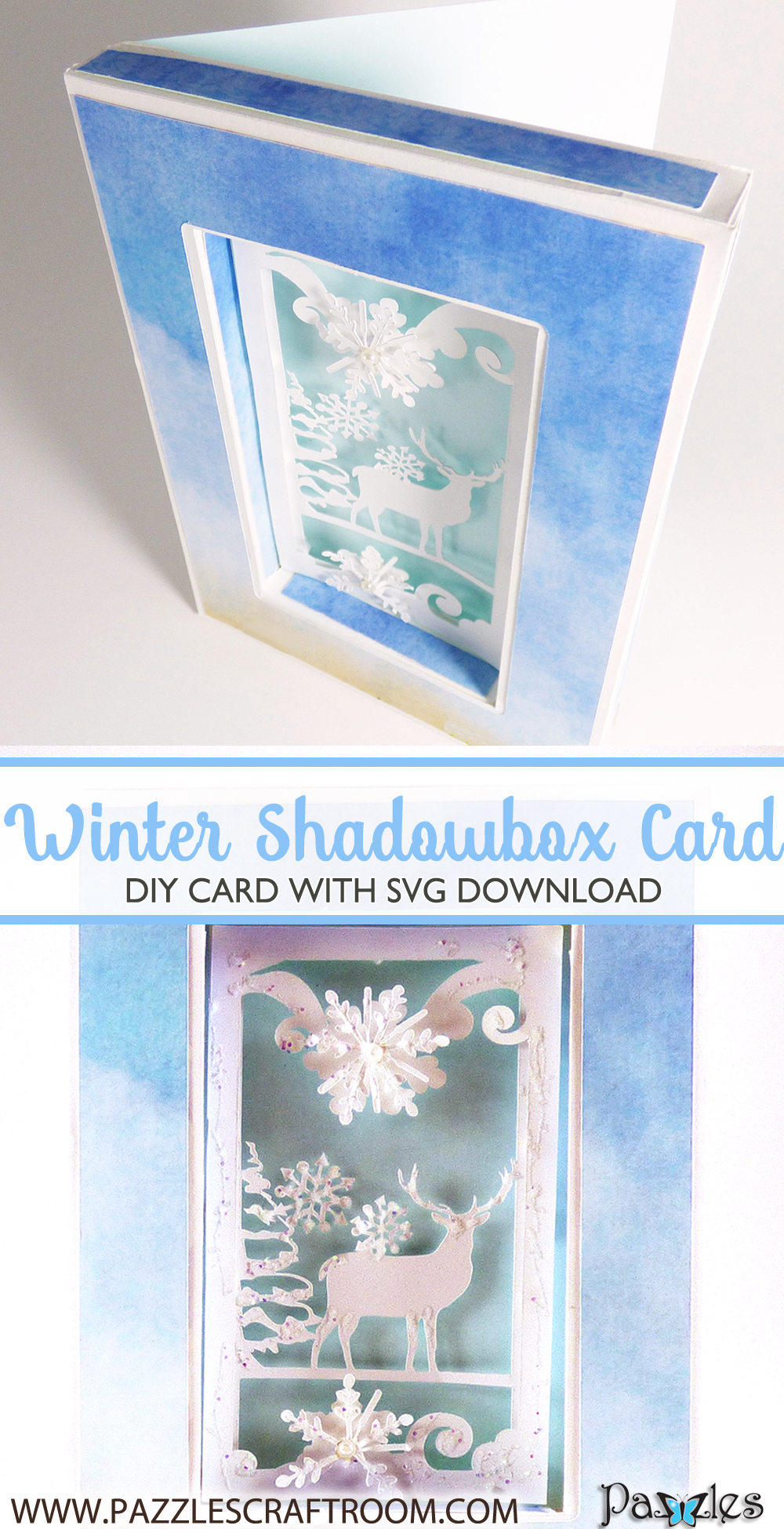 Pazzles DIY Winter Shadow Box Card or Frame with instant SVG download. Compatible with all major electronic cutters including Pazzles Inspiration, Cricut, and Silhouette Cameo. Design by Julie Flanagan.