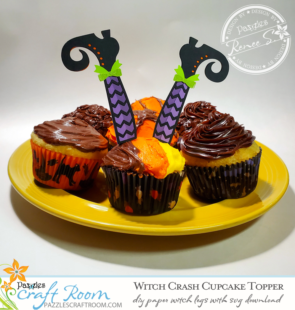 Pazzles DIY Witch Cupcakes with instant SVG download. Compatible with all major electronic cutters including Pazzles Inspiration, Cricut, and Silhouette Cameo. Design by Renee Smart.