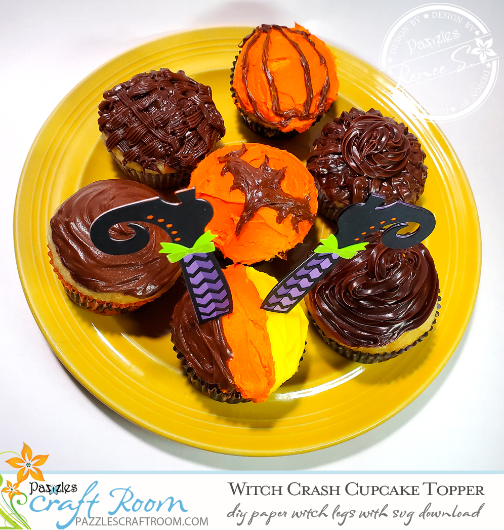 Pazzles DIY Witch Cupcakes with instant SVG download. Compatible with all major electronic cutters including Pazzles Inspiration, Cricut, and Silhouette Cameo. Design by Renee Smart.