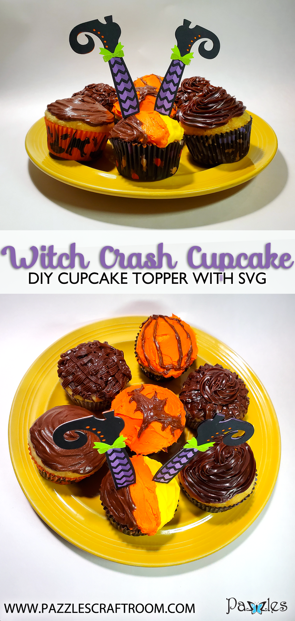 Pazzles DIY Witch Cupcakes with instant SVG download. Compatible with all major electronic cutters including Pazzles Inspiration, Cricut, and Silhouette Cameo. Design by Renee Smart.