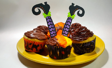 Pazzles DIY Witch Cupcakes with instant SVG download. Compatible with all major electronic cutters including Pazzles Inspiration, Cricut, and Silhouette Cameo. Design by Renee Smart.