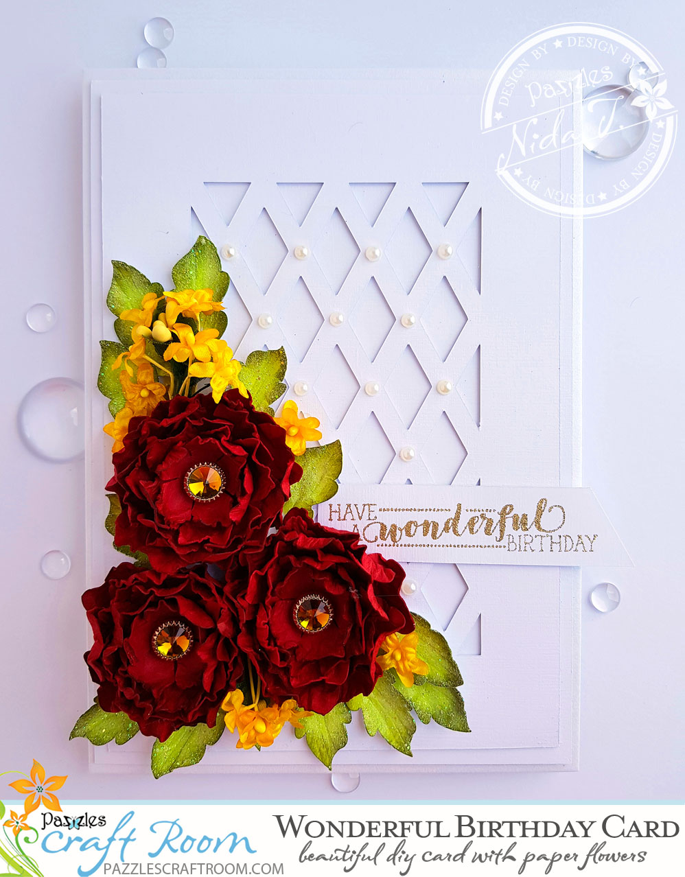 Pazzles Wonderful DIY Rose Birthday Card Red and White with Paper Flowers by Nida Tanweer. Svg Download included, compatible with all major electronic cutters including Pazzles Inspiration, Cricut, and Silhouette Cameo.