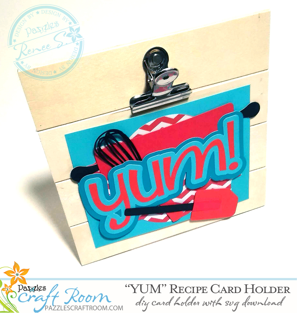 Pazzles DIY Recipe Card Holder with instant SVG download. Compatible with all major electronic cutters including Pazzles Inspiration, Cricut, and Silhouette Cameo. Design by Renee Smart.